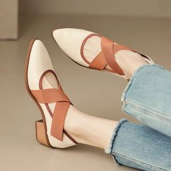 Crossover Strap Pointed Toe With Rivet Buckle Lady Chunky Heels Women Flat Shoes